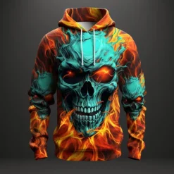 Hot OUKU Men's Graphic Flame Skulls Hoodie Hoodies Sweatshirt Fashion Daily Long Sleeve Hooded Vacation Sports Outdoor Holiday Red Blue Print Front Pocket Spring & Fall Designer