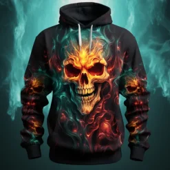 Hot OUKU Men's Graphic Flame Skulls Hoodie Hoodies Sweatshirt Fashion Daily Long Sleeve Hooded Vacation Sports Outdoor Holiday Red Blue Print Front Pocket Spring & Fall Designer