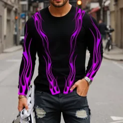 Clearance OUKU Men's Graphic Flame T Shirt Long Sleeve T shirt 3D Print Crew Neck Shirt Fashion Designer Casual Sports Outdoor Holiday Going out Blue Purple Orange Spring & Fall Clothing Apparel S M L XL 2XL 3XL