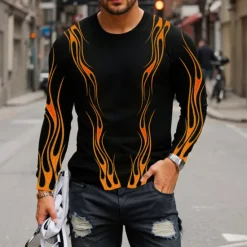 Clearance OUKU Men's Graphic Flame T Shirt Long Sleeve T shirt 3D Print Crew Neck Shirt Fashion Designer Casual Sports Outdoor Holiday Going out Blue Purple Orange Spring & Fall Clothing Apparel S M L XL 2XL 3XL