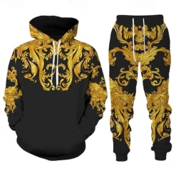 Discount OUKU Men's Graphic Florals 2pcs 3D Sweatshirt Sets Tracksuit Hoodies Long Sleeve Long pants Hooded Streetwear Designer Basic Sports & Outdoor Casual Sports Print Spring Fall Black+Brown Black Gold