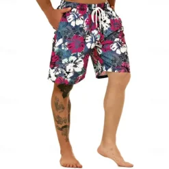 Best OUKU Men's Graphic Flower / Floral Swimming Trunks Board Shorts Swim Shorts Mid Waist Streetwear Hawaiian Boho Casual Daily Holiday Drawstring with Mesh lining Elastic Waist Designer Clothing Apparel