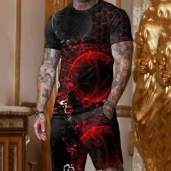 Sale OUKU Men's Graphic Geometic 2pcs Tees sets Matching Sets Short Sleeve Short Pants Crew Neck Designer Casual Comfortable Outdoor Vacation Daily 3D Print Spring & Summer Red
