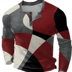 Outlet OUKU Men's Graphic Geometric Color Block Waffle Henley Shirt Casual Style Classic Style Long Sleeve Fashion Designer Basic Outdoor Daily Spring & Fall Blue Burgundy Brown Green Henley Henley T-Shirt