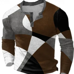 Outlet OUKU Men's Graphic Geometric Color Block Waffle Henley Shirt Casual Style Classic Style Long Sleeve Fashion Designer Basic Outdoor Daily Spring & Fall Blue Burgundy Brown Green Henley Henley T-Shirt
