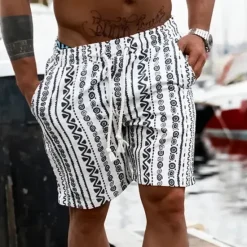 OUKU Men's Graphic Geometric Pattern Shorts Summer Shorts Beach Shorts Mid Waist Streetwear Hawaiian Designer Casual Daily Holiday Elastic Waist 3D Print Drawstring Designer Clothing Apparel White