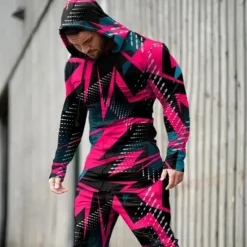 Best OUKU Men's Graphic Geometric 2pcs 3D Sweatshirt Sets Tracksuit Hoodies Long Sleeve Long pants Hooded Streetwear Sportswear Basic Sports & Outdoor Casual Sports Print Spring Fall Yellow Light Green Pink
