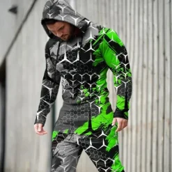 Best OUKU Men's Graphic Geometric 2pcs 3D Sweatshirt Sets Tracksuit Hoodies Long Sleeve Long pants Hooded Streetwear Sportswear Basic Sports & Outdoor Casual Sports Print Spring Fall Yellow Light Green Pink