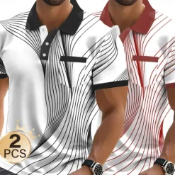 OUKU Men's Graphic Geometric Polo Short Sleeve Polo Shirts Collared Shirts Business Casual Outdoor Business Athleisure Daily Wear Pocket 3D Print Buttons Summer Black + blue Light blue + blue Red + Black