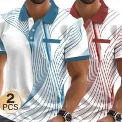 OUKU Men's Graphic Geometric Polo Short Sleeve Polo Shirts Collared Shirts Business Casual Outdoor Business Athleisure Daily Wear Pocket 3D Print Buttons Summer Black + blue Light blue + blue Red + Black