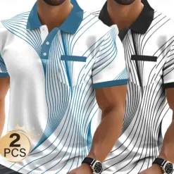 OUKU Men's Graphic Geometric Polo Short Sleeve Polo Shirts Collared Shirts Business Casual Outdoor Business Athleisure Daily Wear Pocket 3D Print Buttons Summer Black + blue Light blue + blue Red + Black