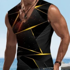 Hot OUKU Men's Graphic Geometric Vest Top Sleeveless T shirt 3D Print V Neck Shirt Designer Casual Comfortable Vacation Daily Going out Yellow Blue Red Spring & Summer Clothing Apparel S M L XL 2XL 3XL