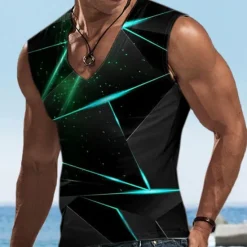 Hot OUKU Men's Graphic Geometric Vest Top Sleeveless T shirt 3D Print V Neck Shirt Designer Casual Comfortable Vacation Daily Going out Yellow Blue Red Spring & Summer Clothing Apparel S M L XL 2XL 3XL