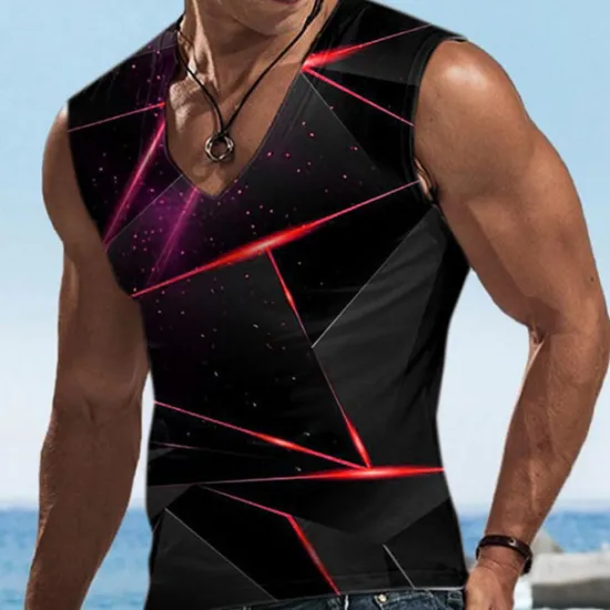Hot OUKU Men's Graphic Geometric Vest Top Sleeveless T shirt 3D Print V Neck Shirt Designer Casual Comfortable Vacation Daily Going out Yellow Blue Red Spring & Summer Clothing Apparel S M L XL 2XL 3XL
