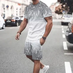 OUKU Men's Graphic Gradient 2pcs Tees sets Tee Set Short Sleeve Short Pants Crew Neck Fashion Lightweight Basic Street Daily Sports Print Summer Spring Navy Blue Green Dark Gray