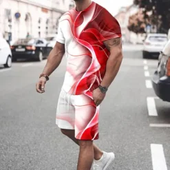 Sale OUKU Men's Graphic Gradient 2pcs Tees sets Tee Set Short Sleeve Short Pants Crew Neck Fashion Lightweight Basic Street Daily Sports Print Summer Spring Red Blue