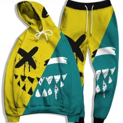 OUKU Men's Graphic Grimace 2pcs 3D Sweatshirt Sets Tracksuit Hoodies Long Sleeve Long pants Hooded Streetwear Basic Casual Sports & Outdoor Casual Sports Print Spring Fall Light Yellow Yellow / Black
