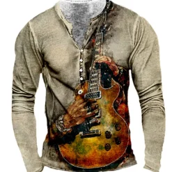 Outlet OUKU Men's Graphic Guitar T shirt Henley Shirt Tee Long Sleeve 3D Print Designer Basic Classic Outdoor Daily Sports Spring & Fall Yellow Red Blue Purple Khaki Henley Henley T-Shirt