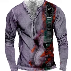 Outlet OUKU Men's Graphic Guitar T shirt Henley Shirt Tee Long Sleeve 3D Print Designer Basic Classic Outdoor Daily Sports Spring & Fall Yellow Red Blue Purple Khaki Henley Henley T-Shirt