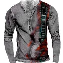 Outlet OUKU Men's Graphic Guitar T shirt Henley Shirt Tee Long Sleeve 3D Print Designer Basic Classic Outdoor Daily Sports Spring & Fall Yellow Red Blue Purple Khaki Henley Henley T-Shirt