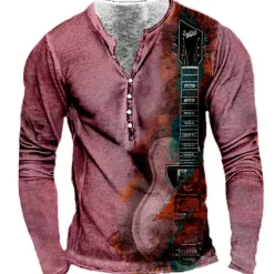 Outlet OUKU Men's Graphic Guitar T shirt Henley Shirt Tee Long Sleeve 3D Print Designer Basic Classic Outdoor Daily Sports Spring & Fall Yellow Red Blue Purple Khaki Henley Henley T-Shirt