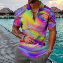 Hot OUKU Men's Graphic Hawaiian Polo Shirts Golf Shirt Short Sleeve Polo Shirts Collared Shirts Casual Beach Wear Vacation Wear Party Outfits 3D Print Quarter Zip Polo Blue Purple Green