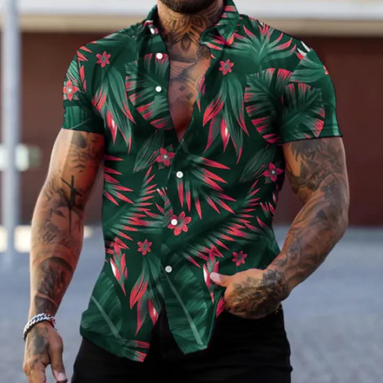 Best OUKU Men's Graphic Leaves Tropical Plants Shirt Summer Hawaiian Shirt Aloha Shirt Short Sleeve Shirt Turndown Fashion Designer Casual Street Daily Holiday Red green Black Black / Purple 3D Print S M L