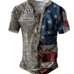 Hot OUKU Men's Graphic Letter American Flag T shirt Henley Shirt Tee Short Sleeve 3D Print Designer Basic Classic Outdoor Daily Sports Summer Blue Khaki Gray Henley Henley T-Shirt