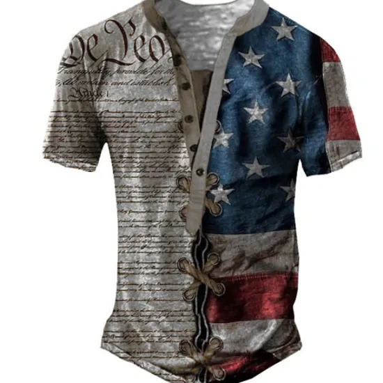 Hot OUKU Men's Graphic Letter American Flag T shirt Henley Shirt Tee Short Sleeve 3D Print Designer Basic Classic Outdoor Daily Sports Summer Blue Khaki Gray Henley Henley T-Shirt