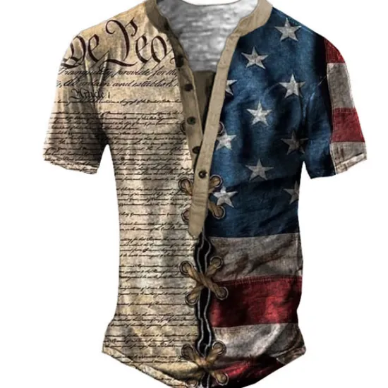 Hot OUKU Men's Graphic Letter American Flag T shirt Henley Shirt Tee Short Sleeve 3D Print Designer Basic Classic Outdoor Daily Sports Summer Blue Khaki Gray Henley Henley T-Shirt
