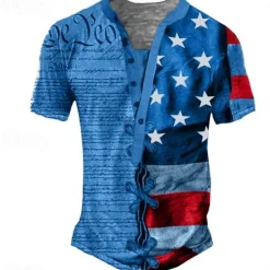 Hot OUKU Men's Graphic Letter American Flag T shirt Henley Shirt Tee Short Sleeve 3D Print Designer Basic Classic Outdoor Daily Sports Summer Blue Khaki Gray Henley Henley T-Shirt