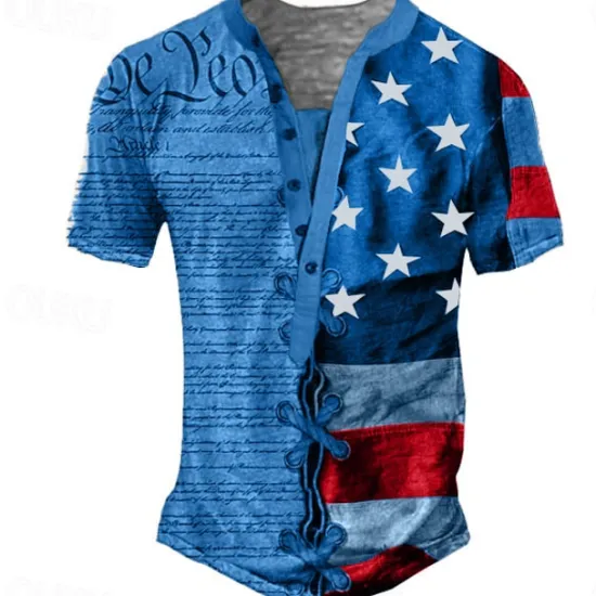 Hot OUKU Men's Graphic Letter American Flag T shirt Henley Shirt Tee Short Sleeve 3D Print Designer Basic Classic Outdoor Daily Sports Summer Blue Khaki Gray Henley Henley T-Shirt