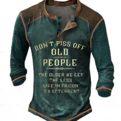 Outlet OUKU Men's Graphic Letter Don't Piss Off Old People Henley Shirt Tee Long Sleeve 3D Print Vintage Fashion Designer Outdoor Casual Daily Spring & Fall Black Blue Brown Green Gray Henley Henley T-Shirt