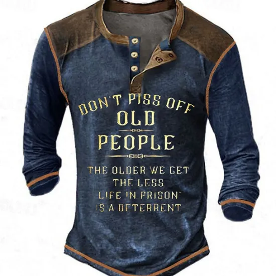 Outlet OUKU Men's Graphic Letter Don't Piss Off Old People Henley Shirt Tee Long Sleeve 3D Print Vintage Fashion Designer Outdoor Casual Daily Spring & Fall Black Blue Brown Green Gray Henley Henley T-Shirt