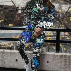 OUKU Men's Graphic Letter Graffiti 2pcs 3D Sweatshirt Sets Hoodie Tracksuit Long Sleeve Long pants Hooded Fashion Streetwear Casual Daily Sports Going out 3D Print Spring & Fall Yellow Blue Green