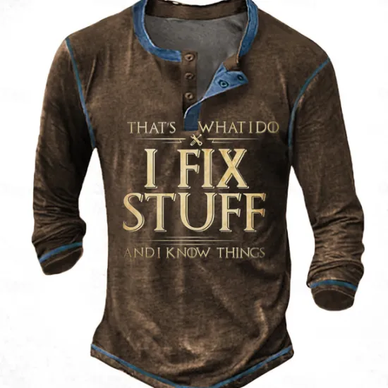 Clearance OUKU Men's Graphic Letter I Fix Stuff Henley Shirt Tee Long Sleeve 3D Print Fashion Designer Comfort Casual Daily Wear Going out Spring & Fall Black Navy Blue Blue Brown Gray Henley Henley T-Shirt
