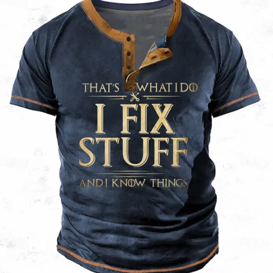 Sale OUKU Men's Graphic Letter I Fix Stuff and I Know Things Henley Shirt Tee Short Sleeve 3D Print Fashion Designer Comfortable Outdoor Casual Daily Spring & Fall Black Royal Blue Blue Green Gray Henley