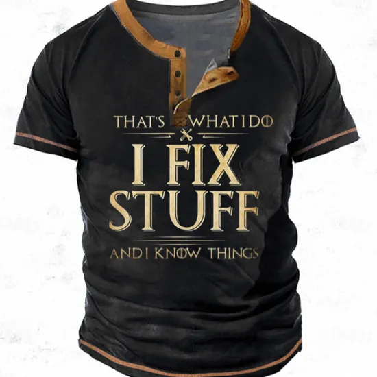 Sale OUKU Men's Graphic Letter I Fix Stuff and I Know Things Henley Shirt Tee Short Sleeve 3D Print Fashion Designer Comfortable Outdoor Casual Daily Spring & Fall Black Royal Blue Blue Green Gray Henley