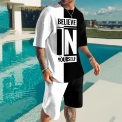 Hot OUKU Men's Graphic Letter 2pcs Tees sets Matching Sets Short Sleeve Short Pants Crew Neck Sports Designer Sportswear Outdoor Street Daily Drawstring Summer Spring Black-White Black Red