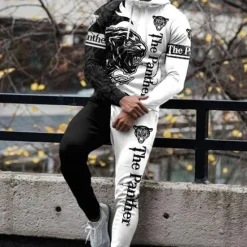 Outlet OUKU Men's Graphic Lion Animal Patterned 2pcs 3D Sweatshirt Sets Tracksuit Hoodies Long Sleeve Long pants Hooded Streetwear Sportswear Basic Sports & Outdoor Casual Sports Print Spring Fall Black White