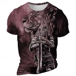 Sale OUKU Men's Graphic Lion Knights Templar T Shirt Short Sleeve T shirt 3D Print Crew Neck Shirt Gothic Subculture Sports Outdoor Holiday Going out Burgundy Blue Purple Spring & Summer Clothing Apparel S M L