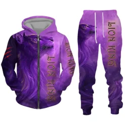 Clearance OUKU Men's Graphic Lion 2pcs 3D Sweatshirt Sets Hoodie Tracksuit Long Sleeve Long pants Hooded Streetwear Designer Basic Sports & Outdoor Casual Sports Zipper Spring Fall Black White Purple