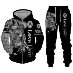 Clearance OUKU Men's Graphic Lion 2pcs 3D Sweatshirt Sets Hoodie Tracksuit Long Sleeve Long pants Hooded Streetwear Designer Basic Sports & Outdoor Casual Sports Zipper Spring Fall Black White Purple