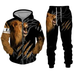 Clearance OUKU Men's Graphic Lion 2pcs 3D Sweatshirt Sets Hoodie Tracksuit Long Sleeve Long pants Hooded Streetwear Designer Basic Sports & Outdoor Casual Sports Zipper Spring Fall Black White Purple
