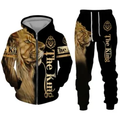 Clearance OUKU Men's Graphic Lion 2pcs 3D Sweatshirt Sets Hoodie Tracksuit Long Sleeve Long pants Hooded Streetwear Designer Basic Sports & Outdoor Casual Sports Zipper Spring Fall Black White Purple