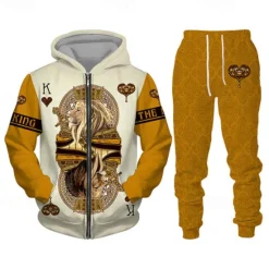Best OUKU Men's Graphic Lion 2pcs 3D Sweatshirt Sets Hoodie Tracksuit Long Sleeve Long pants Hooded Streetwear Basic Casual Sports & Outdoor Casual Sports Zipper Print Spring Fall Wine Red Black Yellow