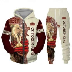 Best OUKU Men's Graphic Lion 2pcs 3D Sweatshirt Sets Hoodie Tracksuit Long Sleeve Long pants Hooded Streetwear Basic Casual Sports & Outdoor Casual Sports Zipper Print Spring Fall Wine Red Black Yellow