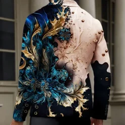 Hot OUKU Men's Graphic Long Sleeve Turndown Party Evening Wear Daily Buttons 3D Print Multi Pocket Blue