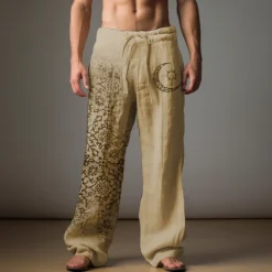 New OUKU Men's Graphic Moon Linen Pants Pants Trousers Baggy Pants Mid Waist Casual Vacation Daily Wear Going out Spring Fall Black Light Brown Blue