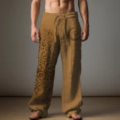 New OUKU Men's Graphic Moon Linen Pants Pants Trousers Baggy Pants Mid Waist Casual Vacation Daily Wear Going out Spring Fall Black Light Brown Blue